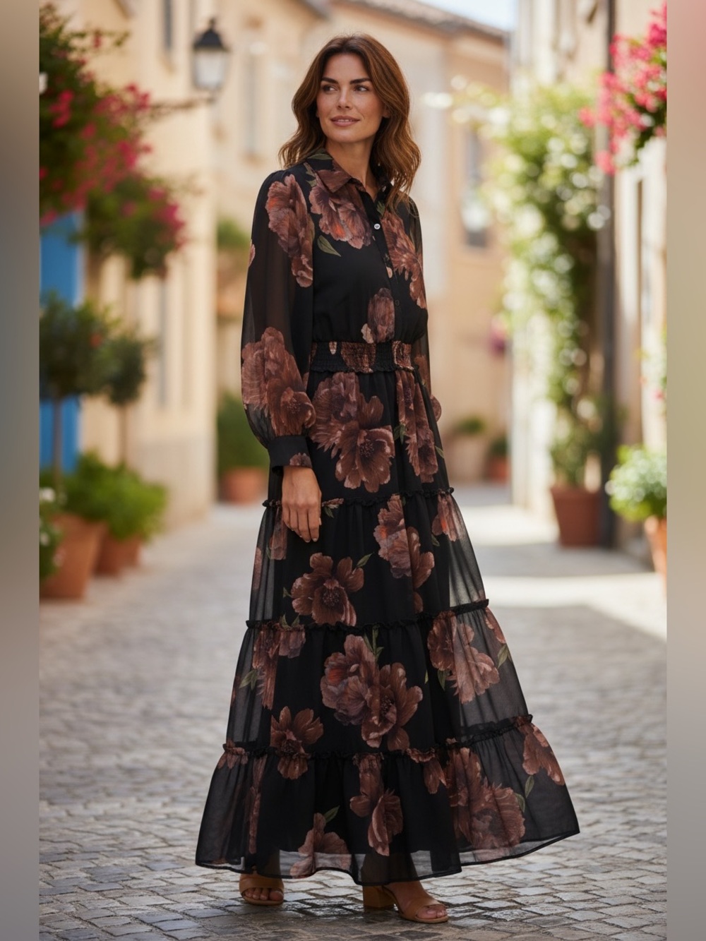 Black Maxi Dress with Brown Floral Print and Smocked Waist